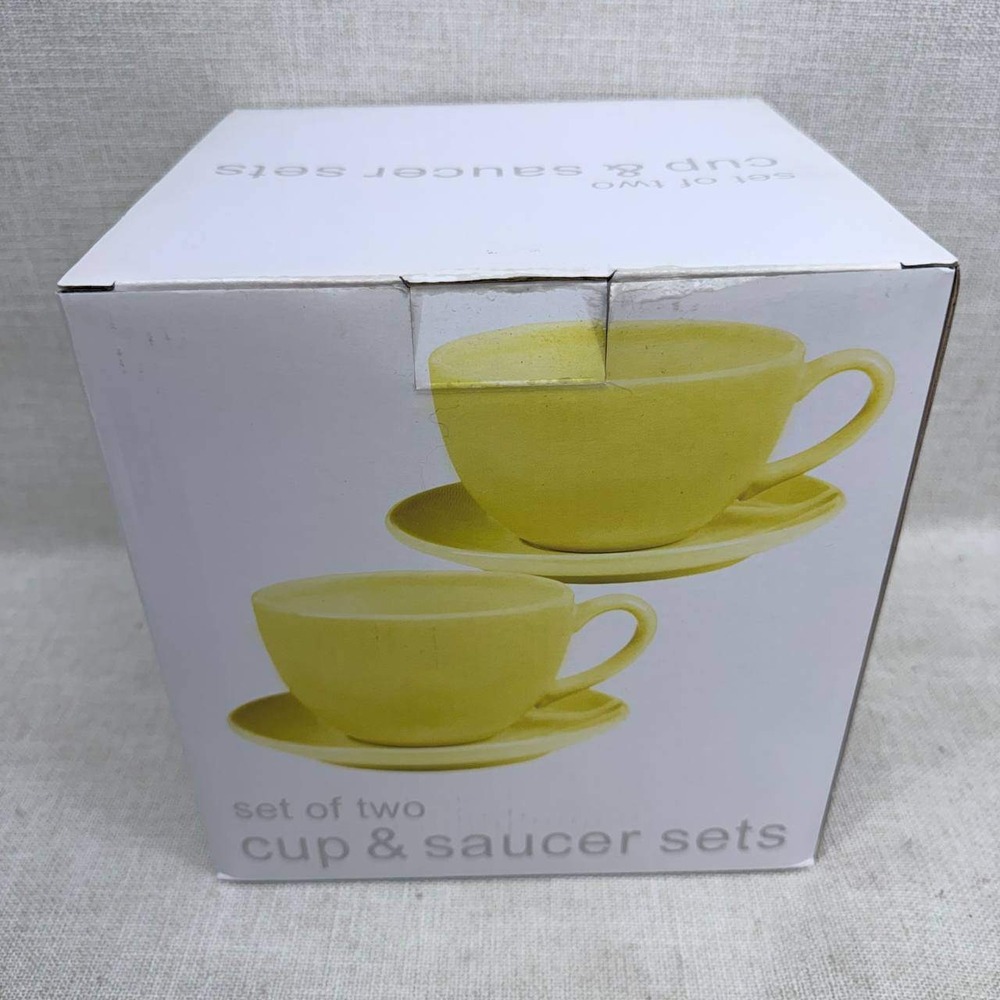Set of 2 Yellow Stoneware Cup and Saucer Sets 10oz Durable Matte Finish New